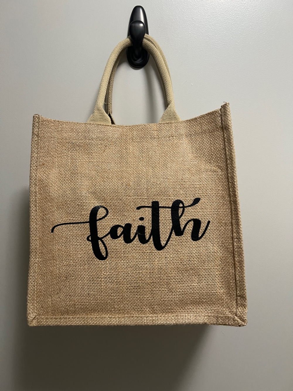 Faith Jute Tote Bag - Natural with Black Script